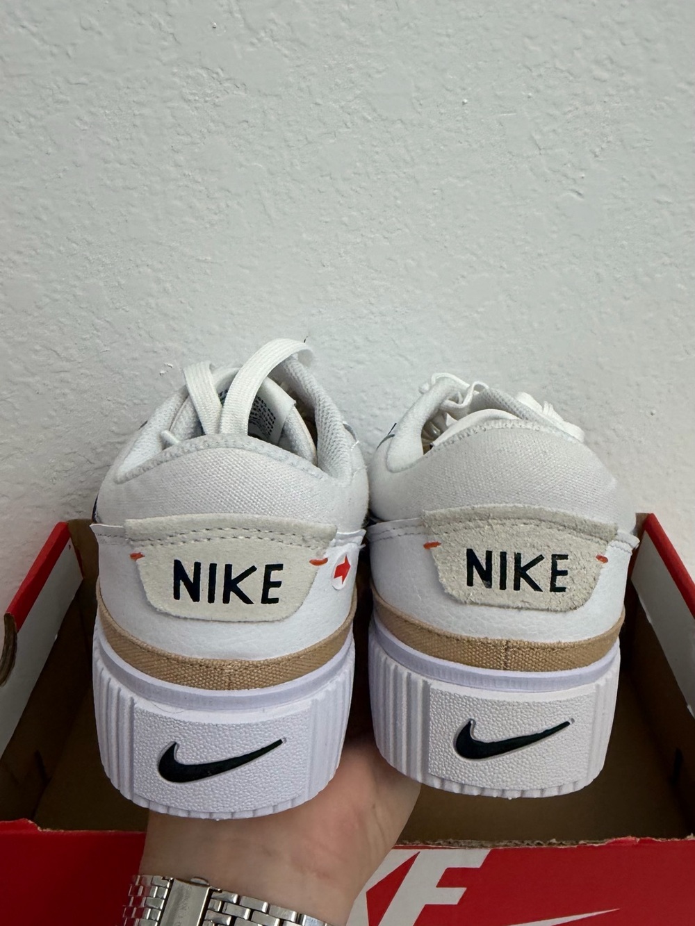 Nike Women’s White/Black/Hemp-Team Orange Tan Platform-Style Sneakers. - Picture 7 of 10